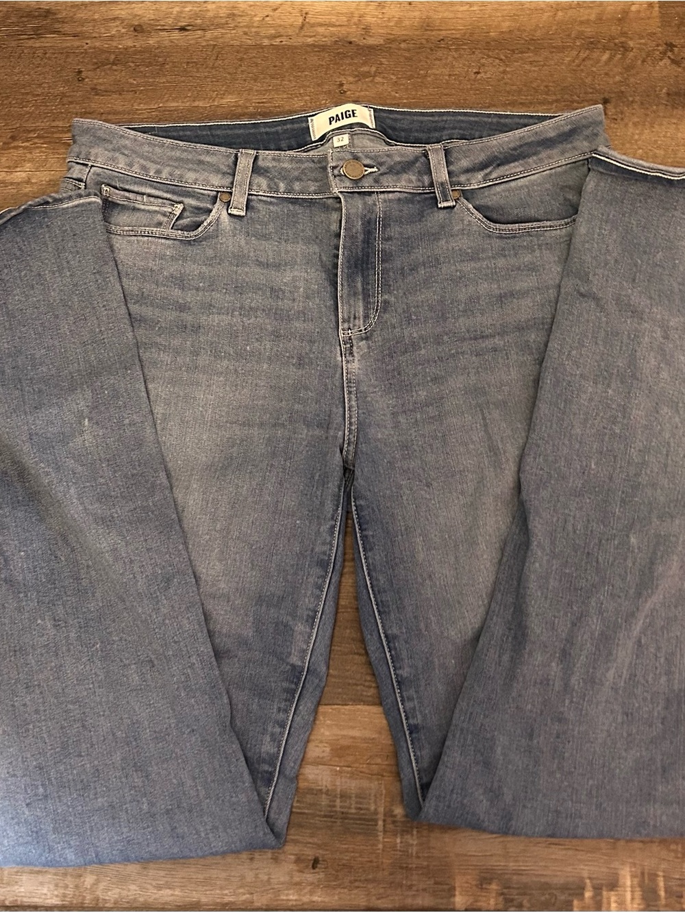 PAIGE Women’s Mom Jeans Blue Solid Denim 5-Pocket Logo Pockets Size‎ 32